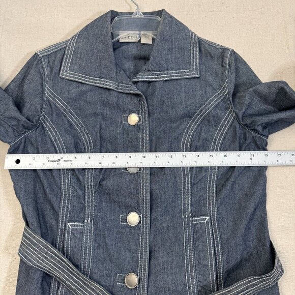 Chicos Blue Jean Chambray Denim Jacket Belted Waist & Button Closure 0 - Picture 9 of 11